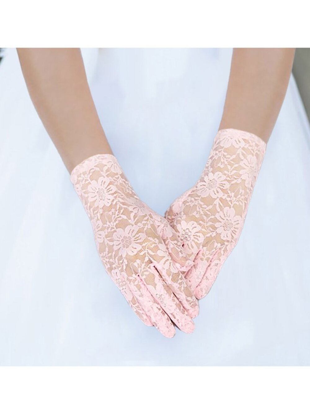 Tigerstars Pink Flower Leaf Patterned Lace Wedding Gloves
